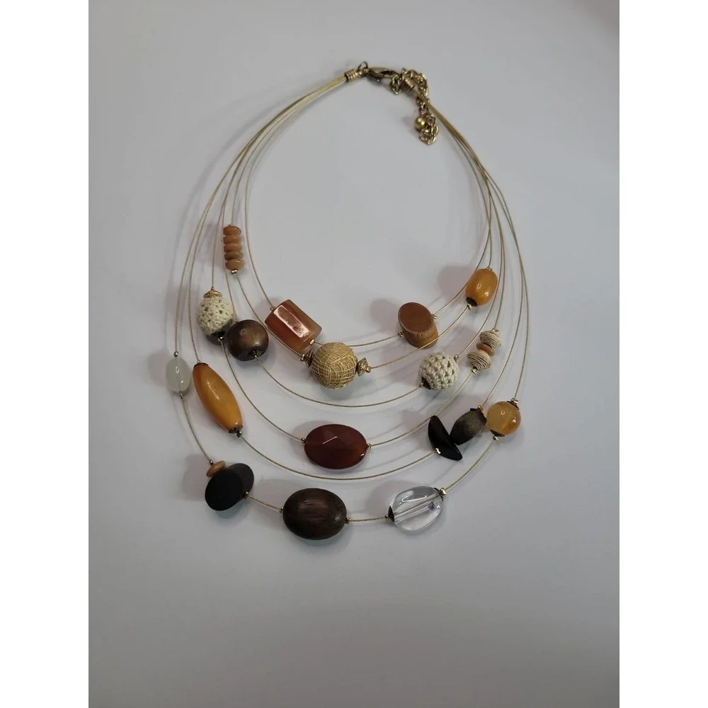Chico's Multi Strand Beaded Necklace Brown Tan Orange Statement Boho Jewelry